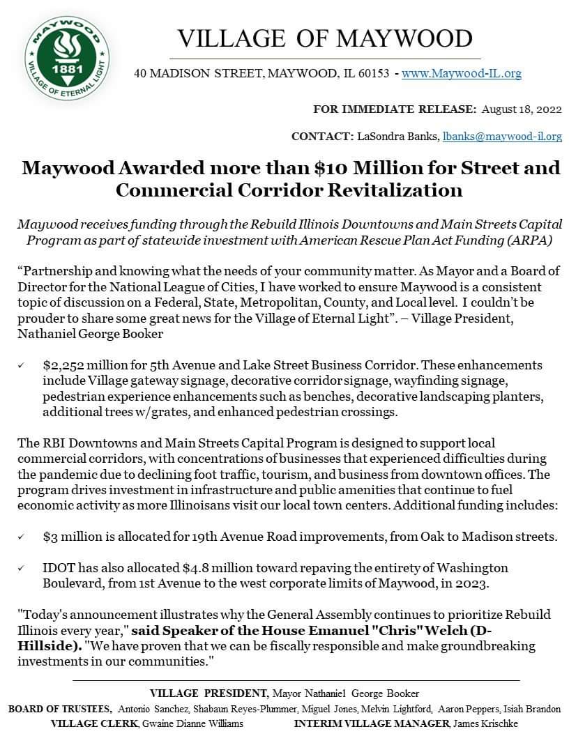 Village of Maywood AWARDED MORE THAN $10 MILLION for STREET and COMMERCIAL COORIDOR REVITALIZATION

Partnership and knowing what the needs of your community matter!

#MAYWOODTOGETHER #MovingMaywoodForwardTogether