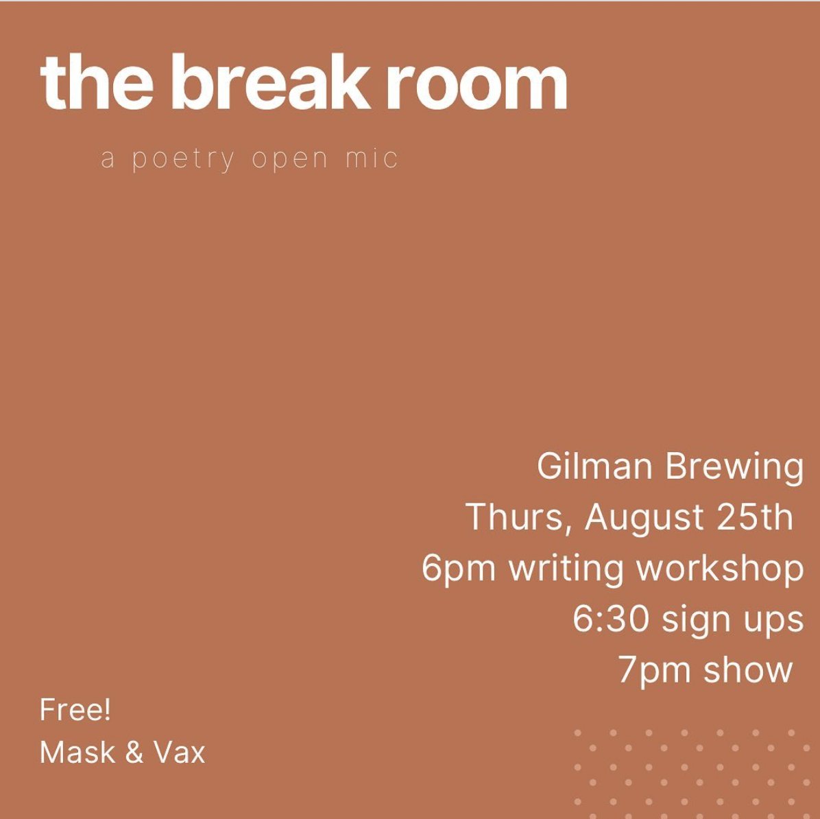 (the break room!) Next Thursday at @gilman_brewing come say poems with me @hieuminhnguyen & @jasonbayani. I'll be leading a little generative workshop beforehand