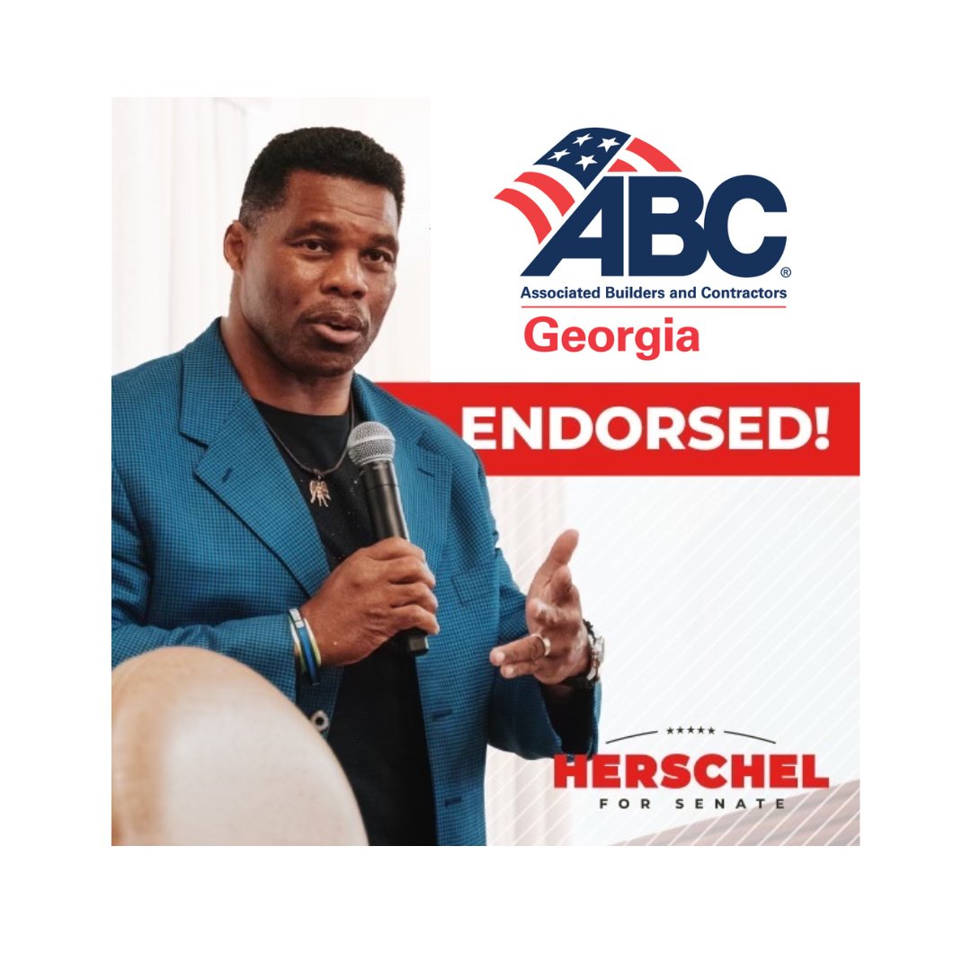 ABCofGA's tweet photo. We are proud to endorse Herschel Walker for U.S. Senate. Herschel is committed to our merit shop philosophy and will work hard to grow our economy and create more opportunities for Georgia workers. @TeamHerschel @HerschelWalker #abcmeritshopproud #buildinggeorgia https://t.co/2iFgwmSAqQ