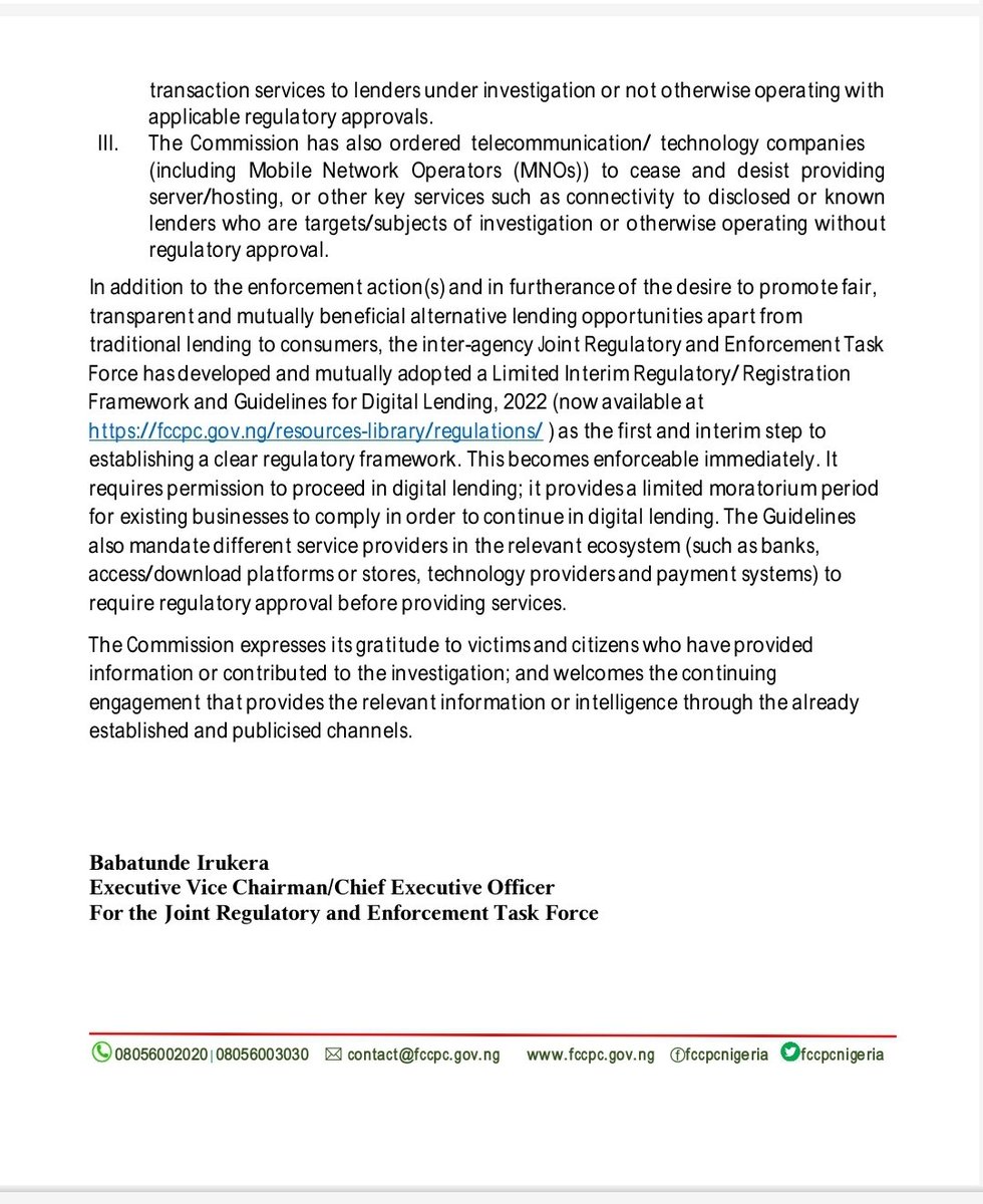 fccpcnigeria's tweet photo. Loan Sharks: Further and Continuing Investigation of Rights Violations in Money Lending Industry; and Release of Interim Regulatory Framework https://t.co/kVA0UDIUyR