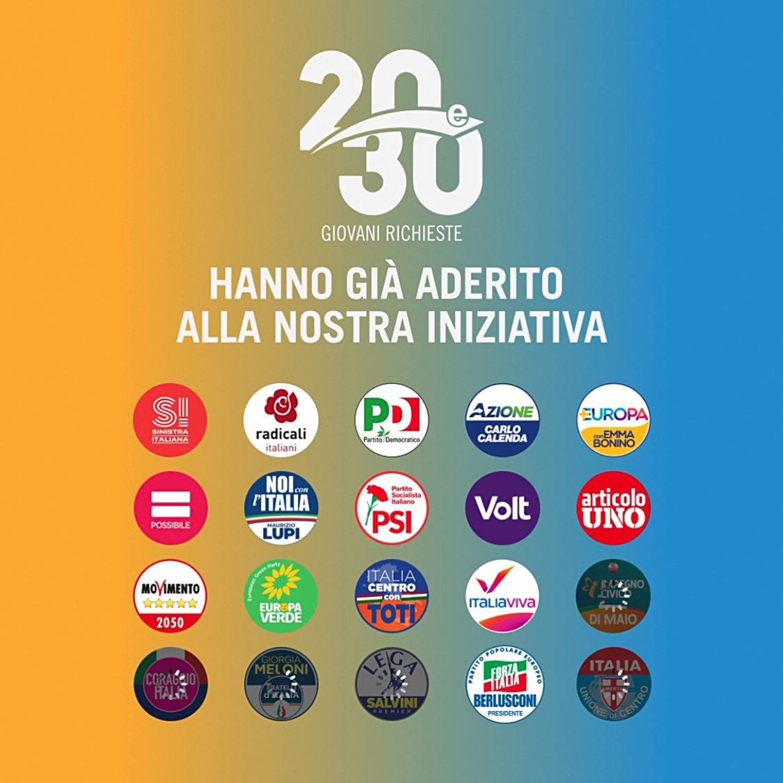 È appena arrivata l'adesione di
@forzaitalia a #20e30. 

Raggiunta la piena trasversalità può iniziare la fase di approfondimento, rinnovando contestualmente l’appello all’adesione a <a href="/ImpegnoCivico/">Impegno Civico</a>, coraggio Italia, <a href="/UdcIta/">Unione Di Centro</a>, <a href="/LegaSalvini/">Lega</a> e <a href="/FratellidItalia/">Fratelli d'Italia 🇮🇹</a>.