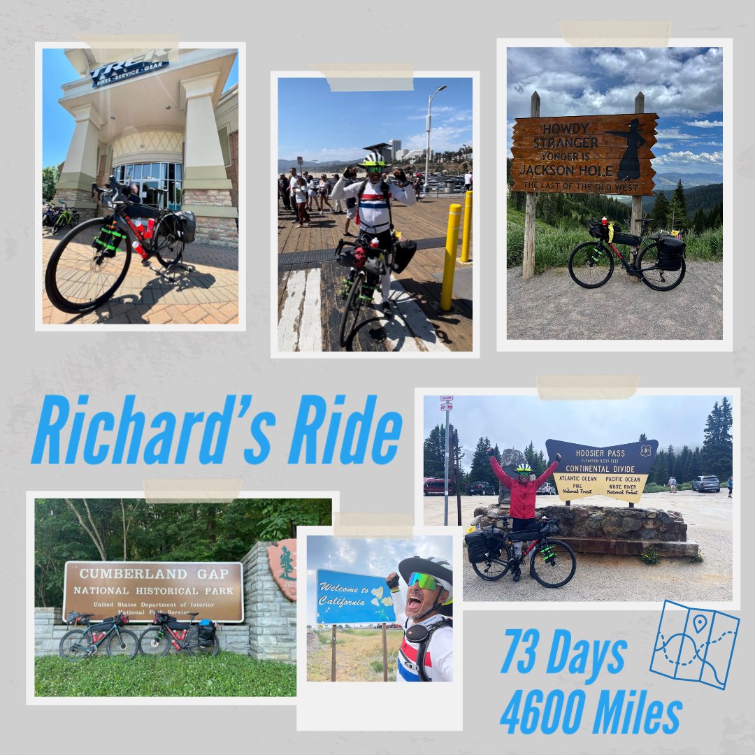 TrekofCLT's tweet photo. He did it! 73 days after departing from our Lake Norman store in Mooresville, NC, our good friend Richard Lima completed his ride across America. He finished at the Santa Monica Pier with 4608 miles logged on his Checkpoint SL 5. https://t.co/Fg9YmkArnU