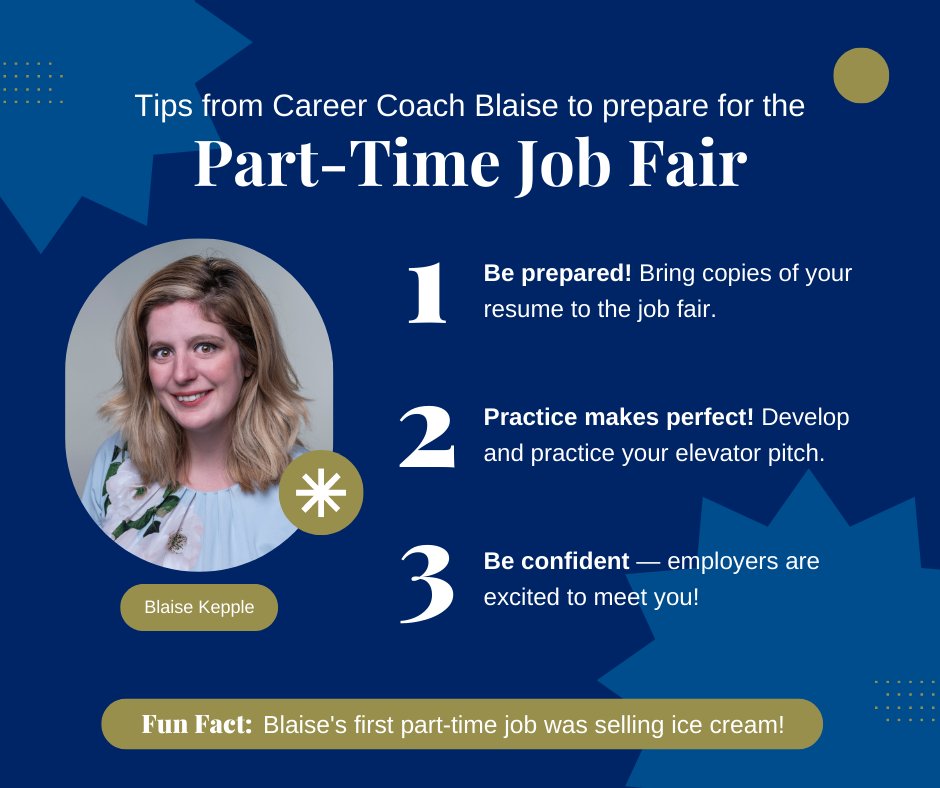 If you need some advice before talking to employers, your #CareerCoaches are here to help. Check out Career Coach Blaise's tips to succeed at the #PartTimeJobFair! ⬇️ Don’t forget to register for the Part-Time Job Fair on Aug. 25 — sign up at stedwards.joinhandshake.com/stu/career_fai…
