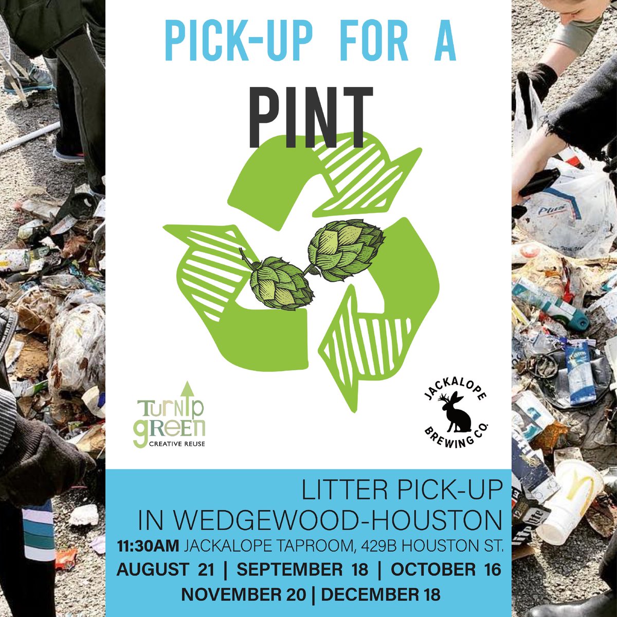 JackalopeBrew's tweet photo. Join us ♻️ THIS SUNDAY ♻️ August 21st at @JackalopeTaprm The Ranch from 11:30am-12:30pm for Pick-up For A Pint - a litter pick-up around the Wedgewood-Houston neighborhood with Jackalope &amp; @TurnipGrnReuse! Volunteers get a free pint (#volunbeering)🍻

#PickUpForAPint https://t.co/qi2onB9t0M