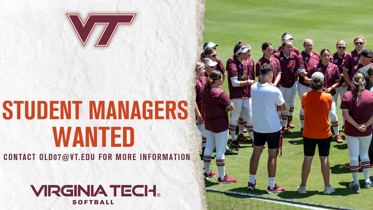 HokiesSoftball's tweet image. 🚨 We are seeking team managers for this upcoming season!

Playing experience (softball or baseball) is not required but preferred. 

If you are interested or have any questions, please email Bill Old (Director of Softball Operations) @ old07@vt.edu.