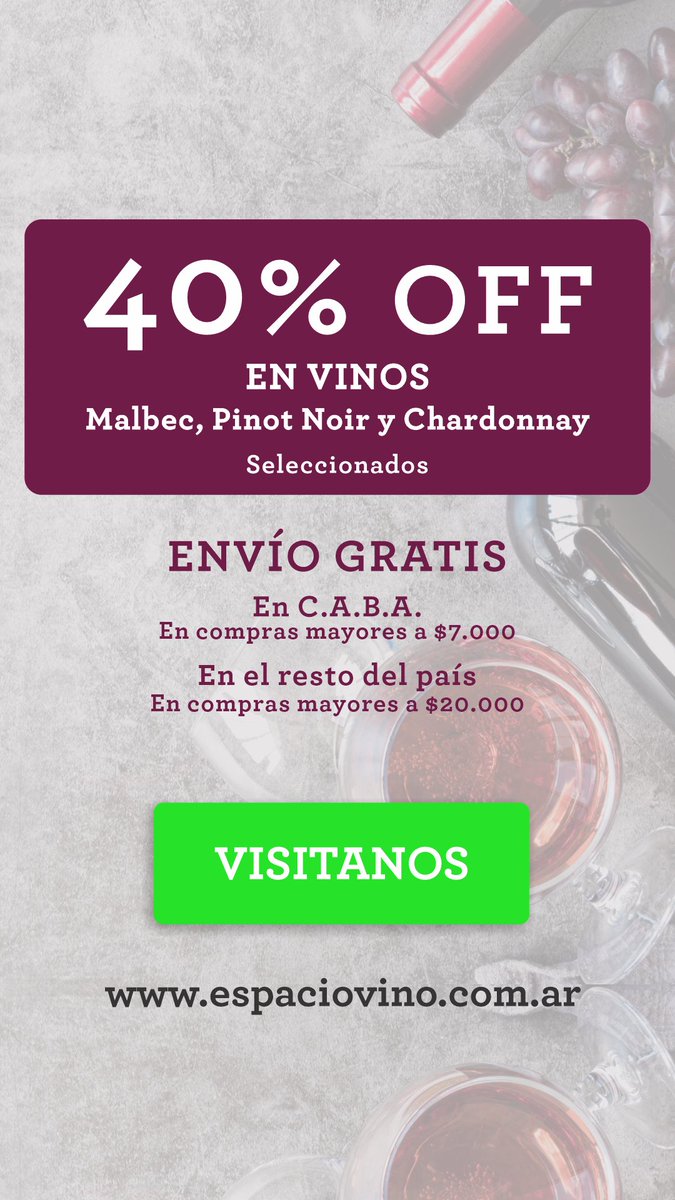 40% OFF 🍷
En vinos Malbec, Pinot Noir y Chardonnay seleccionados

Hasta el Domingo 21/8/2022 inclusive o agotar stock

Compralos acá:
espaciovino.com.ar/landing/40-Off…

#vino