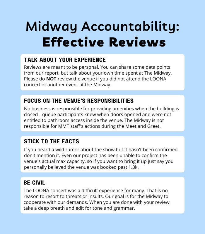 LoonaMidwaySF's tweet photo. Hey #LOONAinSF, our call to action begins NOW. We demand accountability for the dangerous August 4th LOONA concert at The Midway. 

Sign &amp; share our petition, review the Midway if you attended the concert, and contact the promoters alerting them to the petition. Links below 🧵 https://t.co/WyQlBiPbdj