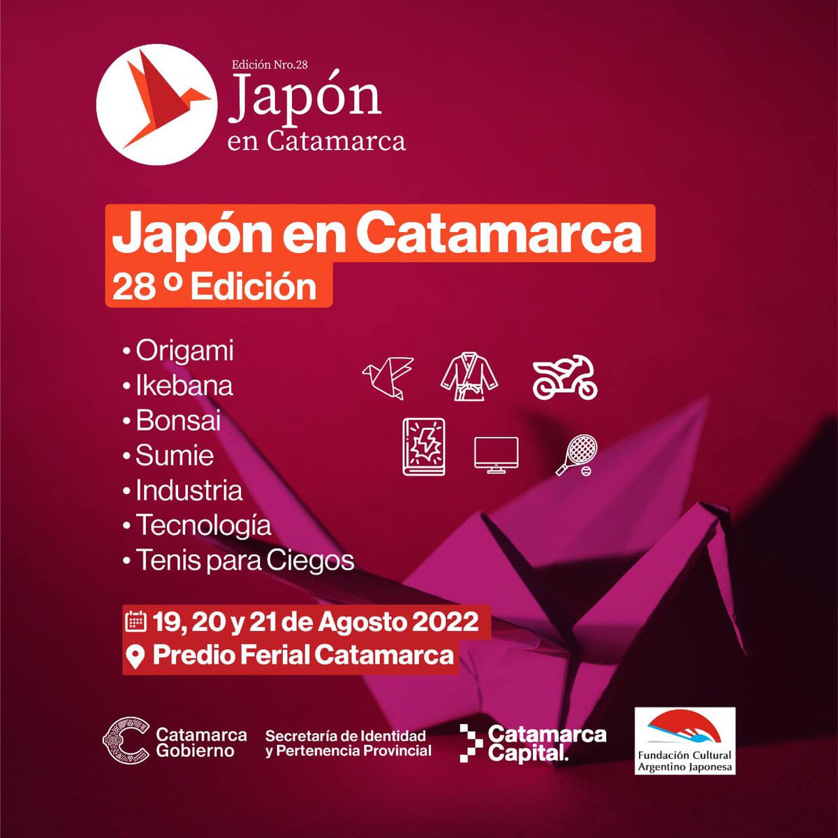 casacatamarca's tweet photo. 🇦🇷 JAPÓN EN CATAMARCA 🇯🇵
Este viernes comienza la edición número 28 de Japón en Catamarca!
El evento, que se desarrollará desde las 15 hs. en el #PredioFerial, propone un viaje por esta #culturamilenaria a través del #arteOrigami. https://t.co/QMRVAhIASo