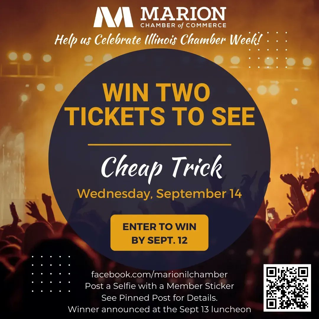 Marion_Chamber's tweet photo. Help us celebrate Illinois Chamber Week! Win two tickets to see Cheap Trick on Wednesday, September 14th. Enter by posting a selfie with a member sticker by September 12th.  Winner will be announced at Sept. 13 Luncheon! https://t.co/gGNxja912j https://t.co/yBqYwcrDlA