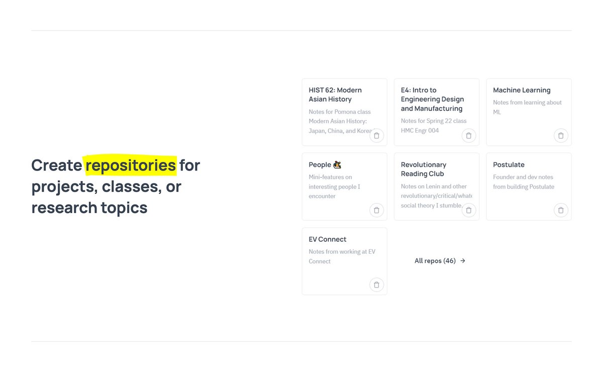 wwsalmon's tweet photo. this one's a long time coming: @postulateapp launch to public access!

ever look for the same tutorial or doc over and over? share notes &amp; fall into gdoc permission hell?

postulate's opinionated solution: publish gh-style personal knowledge repos.

👉 https://t.co/Z2OI0jDC5P https://t.co/eCYptNl9vU