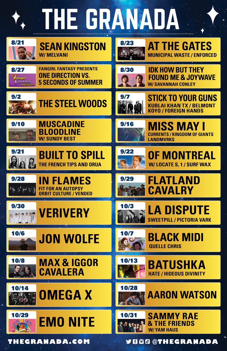 theGranada's tweet photo. 🍂 Excitement to introduce our fall calendar calls for a ticket giveaway 🍂

To enter, RT this tweet &amp; follow us! The winner will win a pair of tix to a show of their choice from this calendar! 🎫🎫

Giveaway ends next Thursday at noon &amp; winner will be announced that evening! https://t.co/UVxcNrM3KY