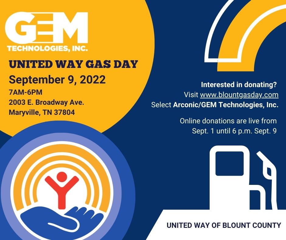 GEM Technologies, Inc. (@gem_techinc) on Twitter photo GEM is excited to partner with Arconic again this year in support of the United Way of Blount County’s Gas Day. To donate, you can visit blountgasday.com. If you are interested in volunteering on Gas Day, please contact Alexa Neff at aneff@gemtechnologiesinc.com. GEM is excited to partner with Arconic again this year in support of the United Way of Blount County’s Gas Day. To donate, you can visit blountgasday.com. If you are interested in volunteering on Gas Day, please contact Alexa Neff at aneff@gemtechnologiesinc.com.