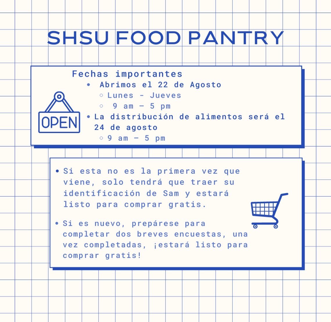 We hope you’re as ready as we are! Just a few more days until the SHSU food pantry will be open for the fall semester!

#SHSU26 #SHSU25 #SHSU24 #SHSU23 #SHSU22 #FoodPantry #EatEmUpKats