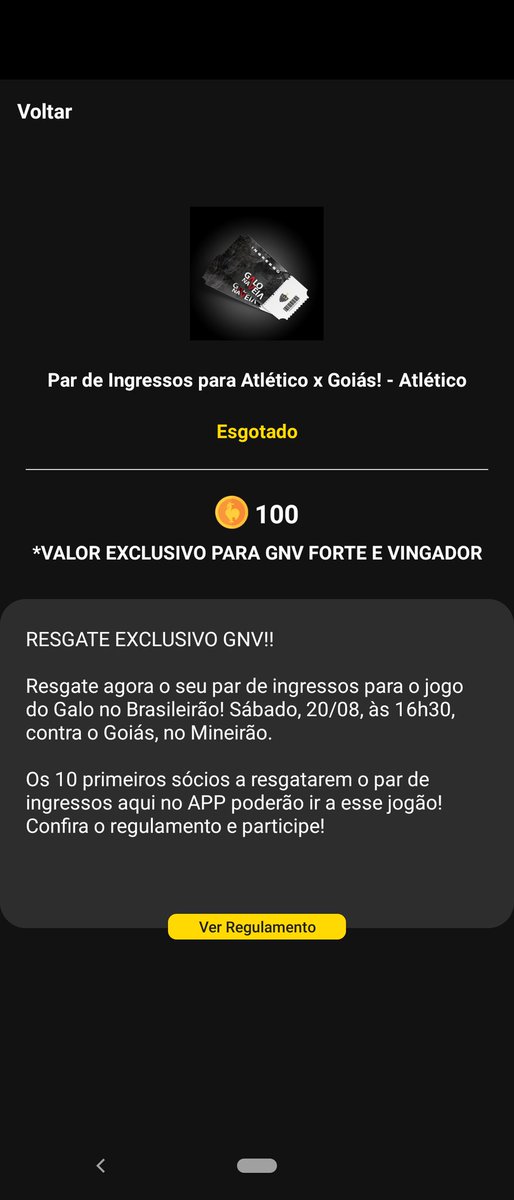 Sinceramente não acredito nesses resgates... Qdo recebo a notificação, trave e já apresenta esgotado. #gnv <a href="/GaloNaVeia/">Galo Na Veia</a> 👎