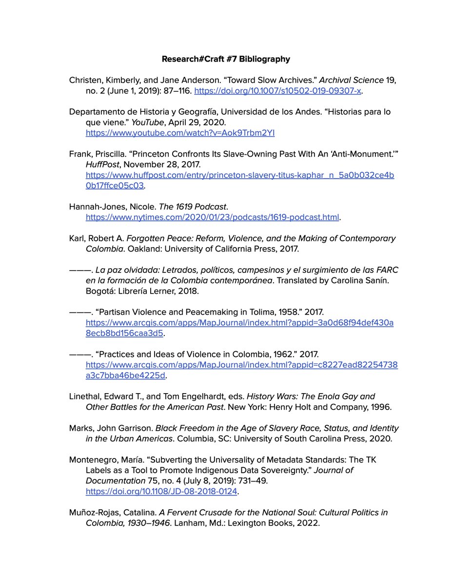 research_craft's tweet photo. Here's a bibliography listing the books, articles, and public history projects referenced in @research_craft #7. (A slightly appended version also appears in the episode description on YouTube) 9/* https://t.co/GOBpqi3vay