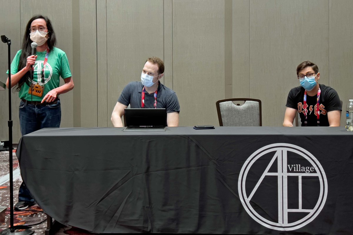 RachelVSee's tweet photo. Finally getting around to sorting through some of my #DEFCON30 pics from last week -- here's an action shot of the @aivillage_dc  panel on AI and hiring tools that I moderated, featuring Matt Scherer from @CenDemTech and Patrick Hall from https://t.co/kKSgNANWaA. https://t.co/QNZOJRiwNj