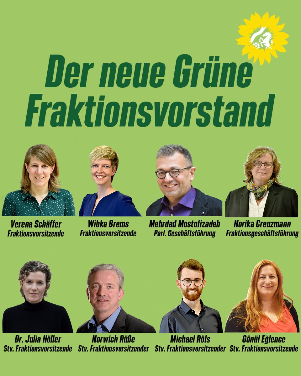 Gerade frisch gewählt: unser #Fraktionsvorstand 🎉 Wir gratulieren unseren zwei neuen Vorsitzenden <a href="/schaeffer_nrw/">Verena Schäffer</a> &amp; <a href="/wibkegt/">Wibke Brems ☀️🌬</a> sowie allen weiteren Mitgliedern des Vorstands zu ihrer Wahl. PM: gruene.fr/1ft