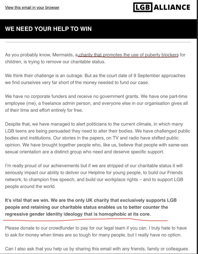 LGBAWatch's tweet photo. Interesting turn of phrase from LGB Alliance here, accusing another charity of promoting puberty blockers and gender ideology being homophobic. https://t.co/zvD50CKeGA