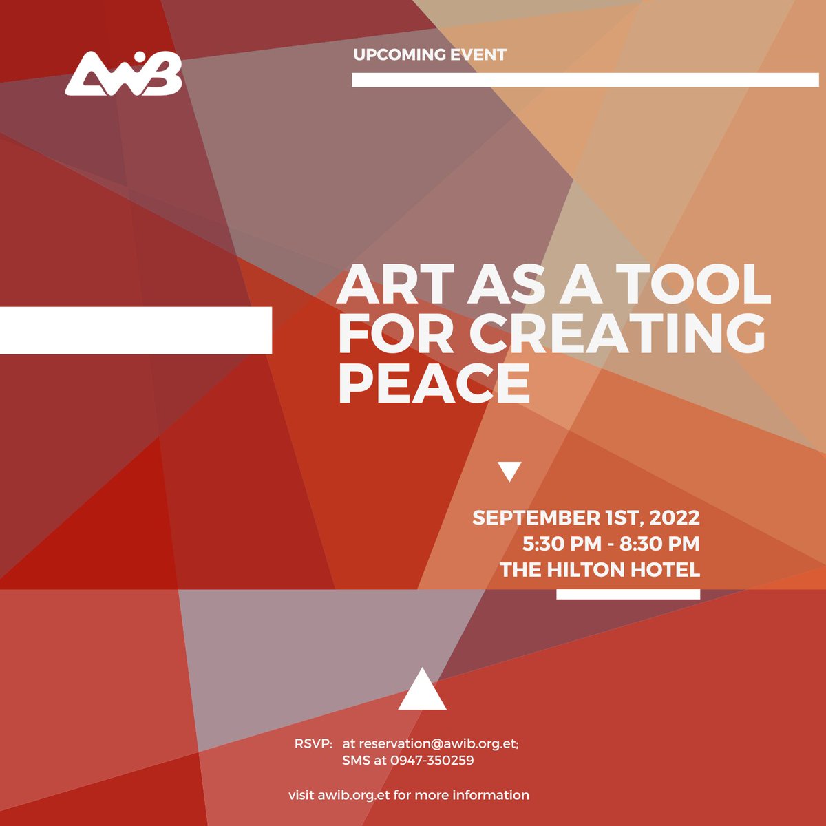 AWiBEthiopia's tweet photo. Join us on September 1st to discuss how we can use "art as a tool for bringing peace" to our communities and the world.
For reservation: reservation@awib.org.et;
SMS at 0947-350259
For more information: https://t.co/gYIrFuL2xi
#AWiB #spetemberevent #art #music #worldpeace https://t.co/1ZJ0IMuEJQ