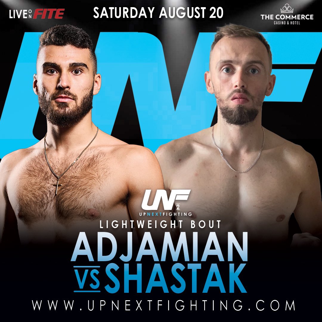 UpNextFighting's tweet photo. 𝐔𝐏𝐃𝐀𝐓𝐄: @edrinadjamian out of SFC will now face Ivan Shastak from @BasRuttenMMA Elite in a lightweight CAMO bout this Saturday night at #UNF2!

🗓 Saturday, Aug. 20
🎰 @CommerceCasino 
🎟 https://t.co/ys8WOUkfM9 https://t.co/x7jhOckR2F