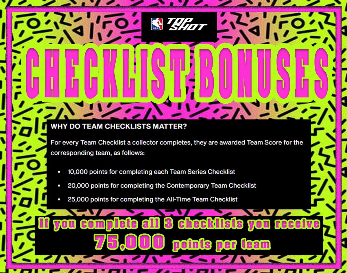TSNickeb505's tweet photo. Reposting this. Sorry 2am covid graphics not always mistake free. 75k in Team Checklist Bonuses for completion of all 3 series + All Time and Contemporary. Peace! #NBATopShot #nbatopshotthis #teamchecklists https://t.co/BWWrrDD08R