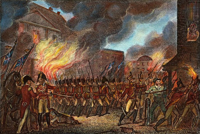 MilHistNow's tweet photo. Today in 1814, 1,500 British troops scatter an army of 7,000 American regulars &amp; militia near Washington DC at Bladensburg, Maryland. Hours later, redcoats march into the US capital and burn several public buildings, including the president's mansion. See: https://t.co/mT2boivdBF https://t.co/o8KI42Zpyi