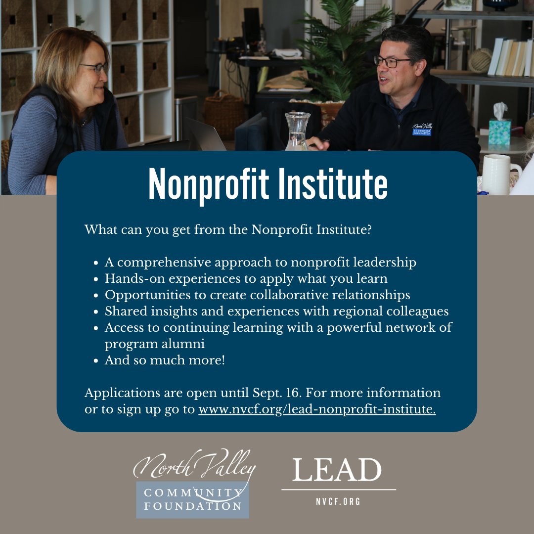 NVCF's tweet photo. Applications for the new Nonprofit Institute are now open. This will be a weeklong intensive training on collaborative leadership. Applications are open until Sept. 16. For more information or to sign up go to https://t.co/jp4h8FS7Ne. #Leadership #Community #Collaboration https://t.co/SLUb8jAXEg