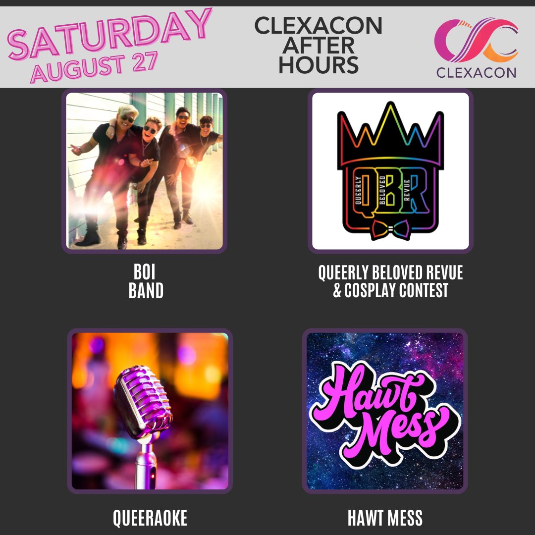 ClexaCon's tweet photo. Our #ClexaCon Saturday night plans are stacked: a performance by Boi Band, a FanFic Burlesque show by @QueerlyBRevue &amp; Queer Karaoke with @DanaPiccoli &amp; #Bloom Community! Plus we’re teaming with Hawt Mess Productions for our official afterparty! #ClexaCon2022  #Karaoke #QueerLA https://t.co/lCigsehtmq