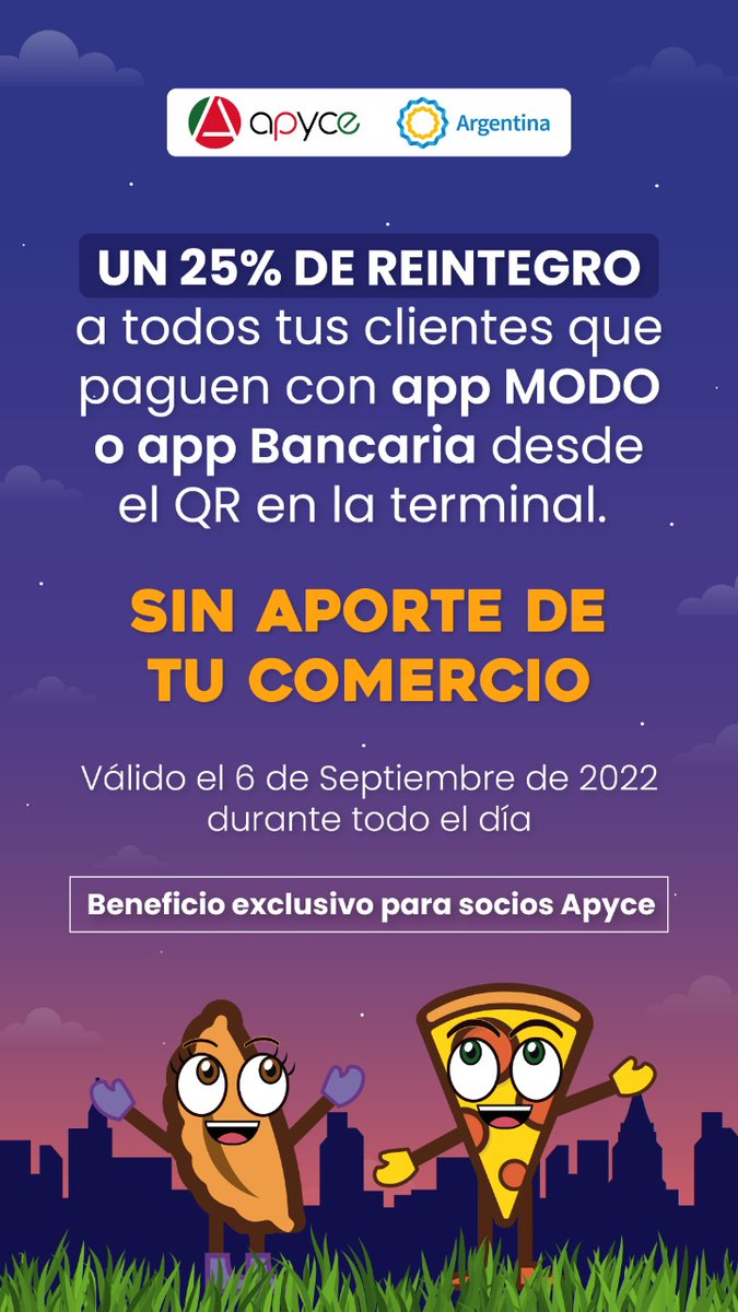 APYCE_AR's tweet photo. Beneficio exclusivo para socios de @APPYCE 
Sumás motivos para adherir tu pizzería o casas de empanadas a La Noche de la Pizza y la Empanada.

Martes 6 de septiembre en todo el territorio argentino.

#apyce #appyce #lanochedelapizzaylaempanada #Argentina https://t.co/Y36S1hIzkt