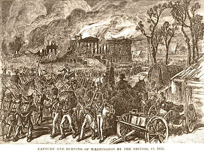 MilHistNow's tweet image. On this day in 1814, British troops seize Washington DC and set fire to the legislature, the presidential mansion and other public buildings. The raid is intended to settle the score for the Americans&apos; burning of towns in Canada, including York (present-day Toronto).