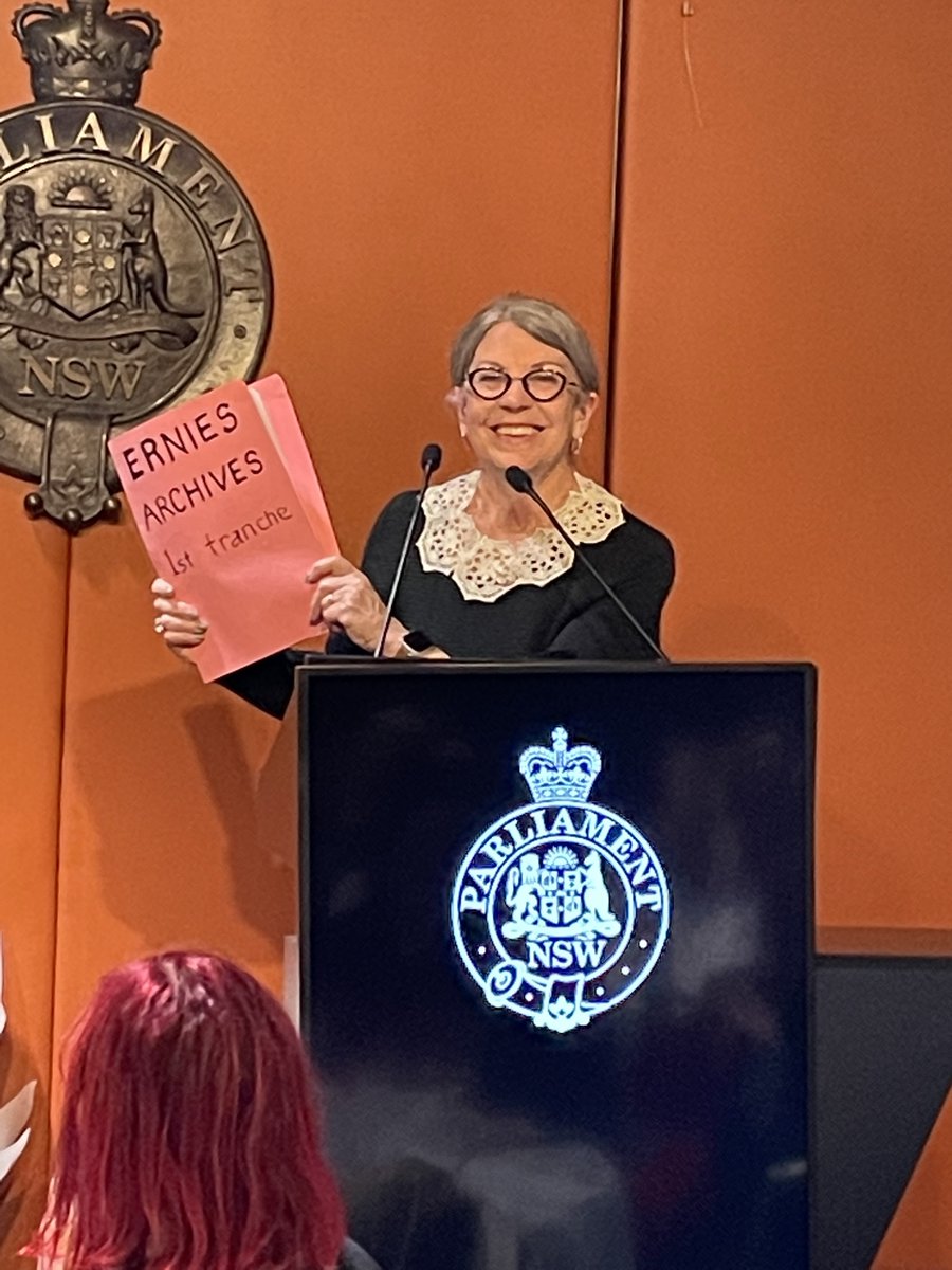 statelibrarynsw's tweet photo. Amazing news! The Ernie's archive is coming to the Library. At the 30th (and final) @TheErnieAwards ceremony, curator @MaggiePatts was presented with the first significant document by founder Meredith Burgmann. #Ernies
Learn more: https://t.co/6X0mfMTOAJ https://t.co/IXwFjBX5dX