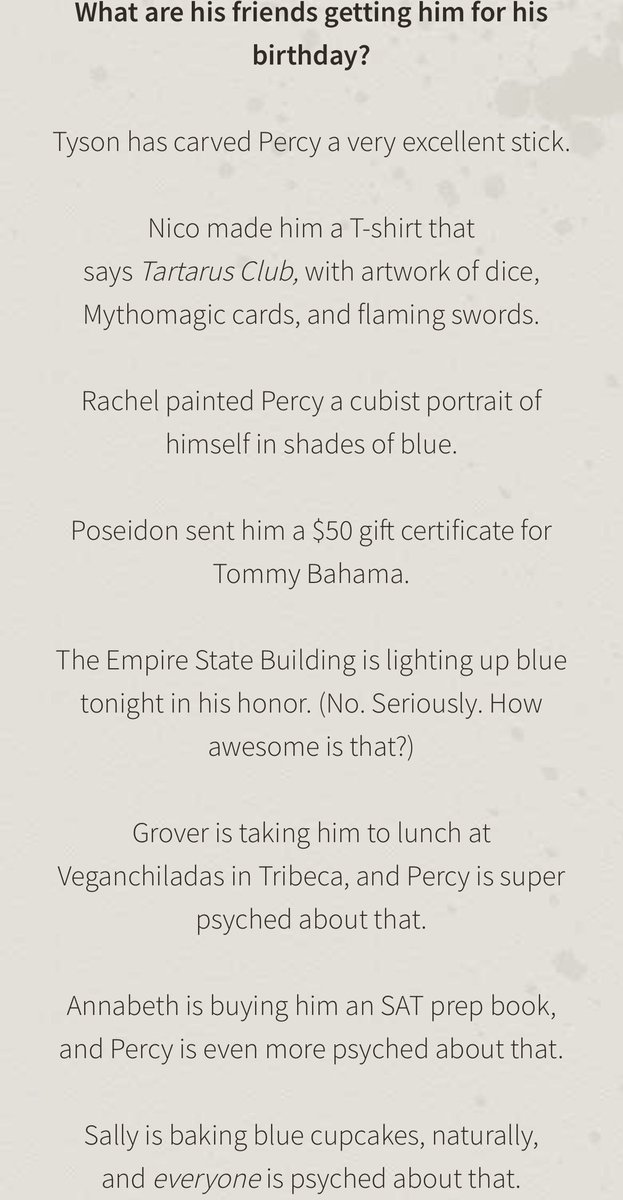 updatespercy's tweet photo. What are #PercyJackson’s friends, girlfriend and family getting him for his birthday? 

(Rick explains: https://t.co/nCYceKm5EE) https://t.co/iCQlbXaUPP