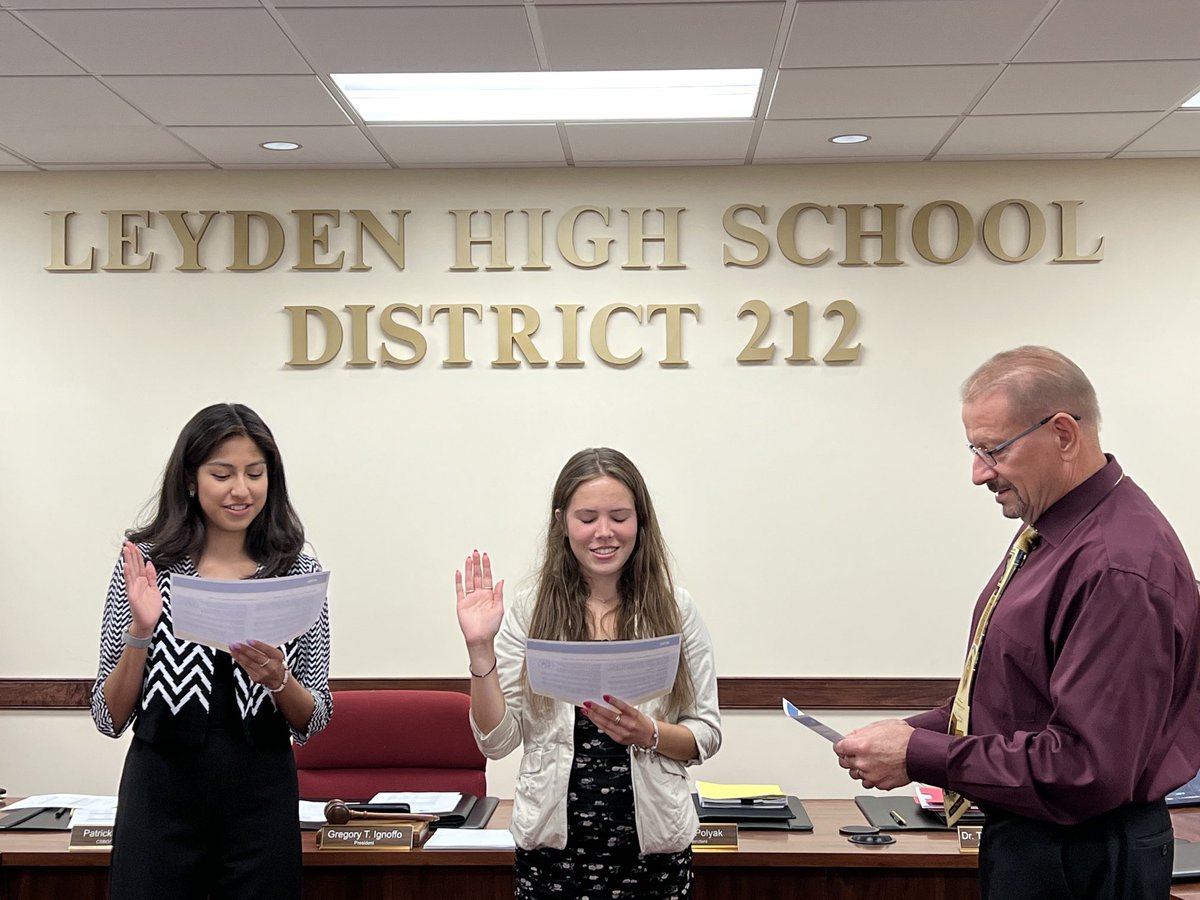 Leyden’s two new student board members, Olivia Lorens and Marisol Garcia, are sworn in by President ⁦<a href="/gignoffo/">Greg Ignoffo</a>⁩ #leydenpride