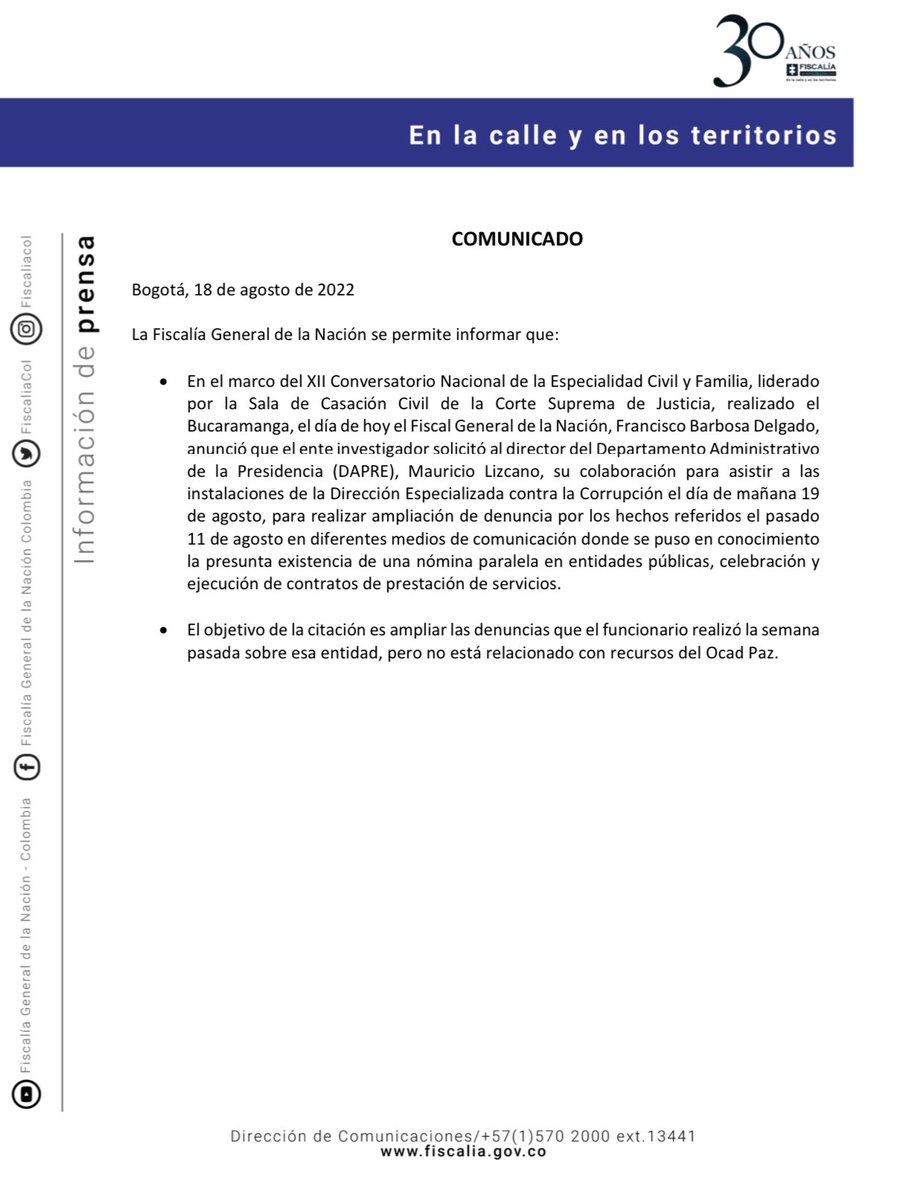 FiscaliaCol's tweet photo. #ATENCIÓN | Comunicado oficial de la #Fiscalía General de la Nación. https://t.co/oTMgL7gCD9