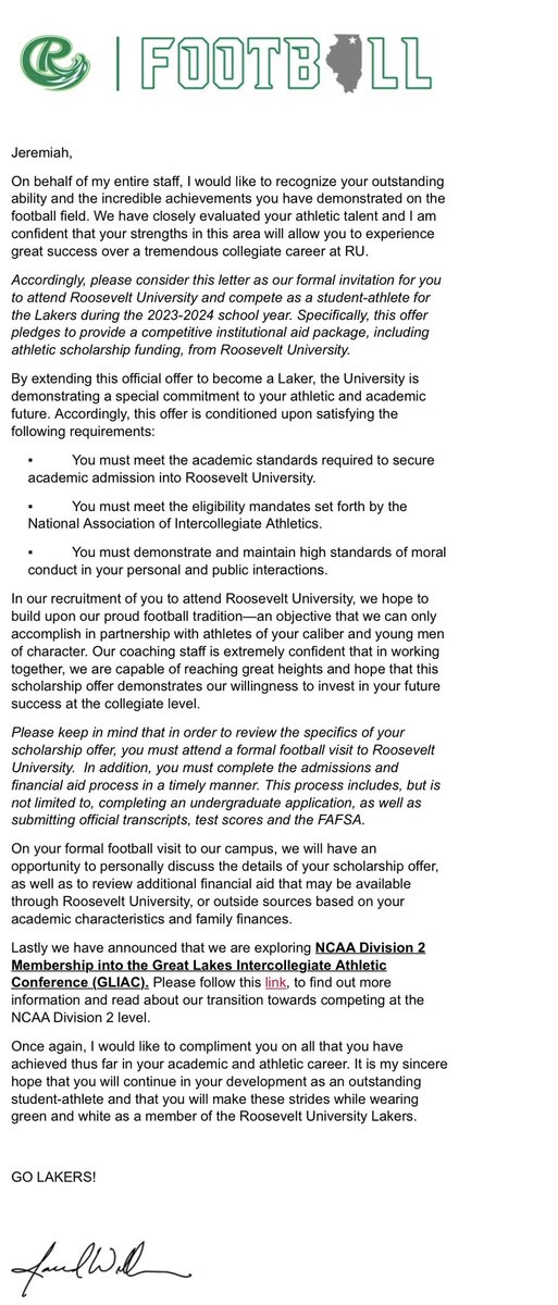 j3rry_14's tweet photo. I am blessed to receive an offer from Roosevelt University!  @coachbourbon @RULAKERFB @RUCoachJW @CoachBigPete @DeepDishFB @PrepRedzoneIL @coachferguson35 @SaukeeFootball https://t.co/jExN1HKG3c