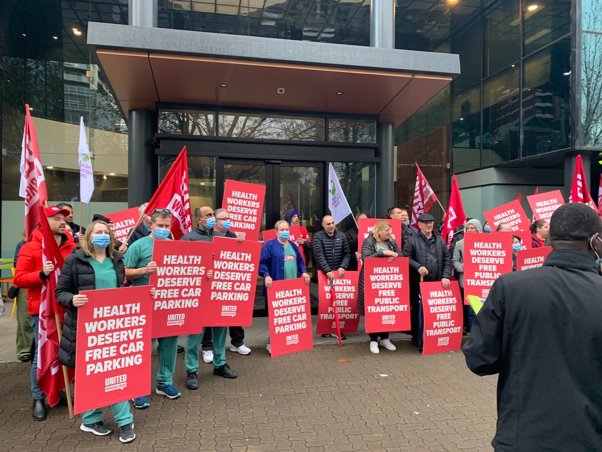 UnitedWorkersOz's tweet photo. Solidarity with the 100+ health workers from SA hospitals, striking today in the fight against steep car parking and transport fees. Low paid frontline workers should never need to worry about affording steep parking fees! #CostOfLivingCrisis @SAUnions #auspol https://t.co/e6K8JPHQm6