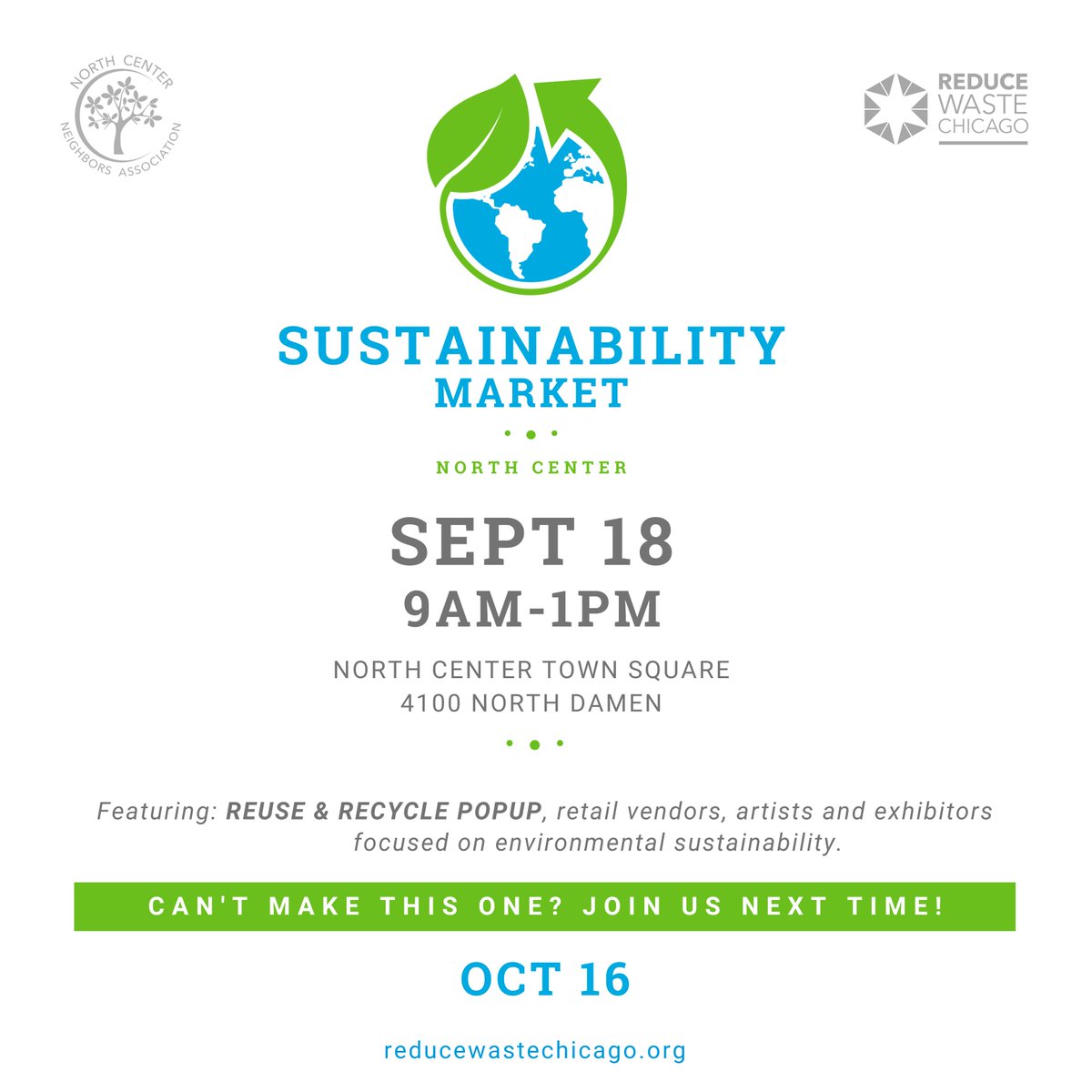reducewastechi's tweet photo. We're back! One month from today, we'll be back in the North Center Town Square. Mark your calendars! #sustainability #reduce #repurpose https://t.co/9kZJUl0swy