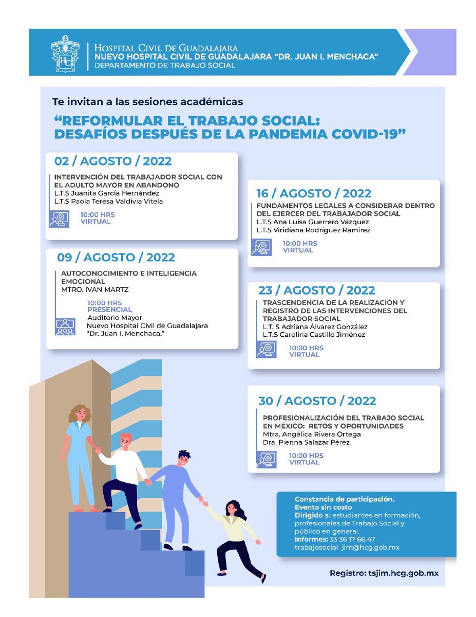 HospitalCivil's tweet photo. El Departamento de Trabajo Social del Nuevo Hospital Civil te invitan a sus sesiones académicas “Reformular el Trabajo Social: desafíos después de la pandemia Covid-19”
Agosto 2022 | 10:00 H | Virtual | Entrada libren https://t.co/HQl9xuLJho