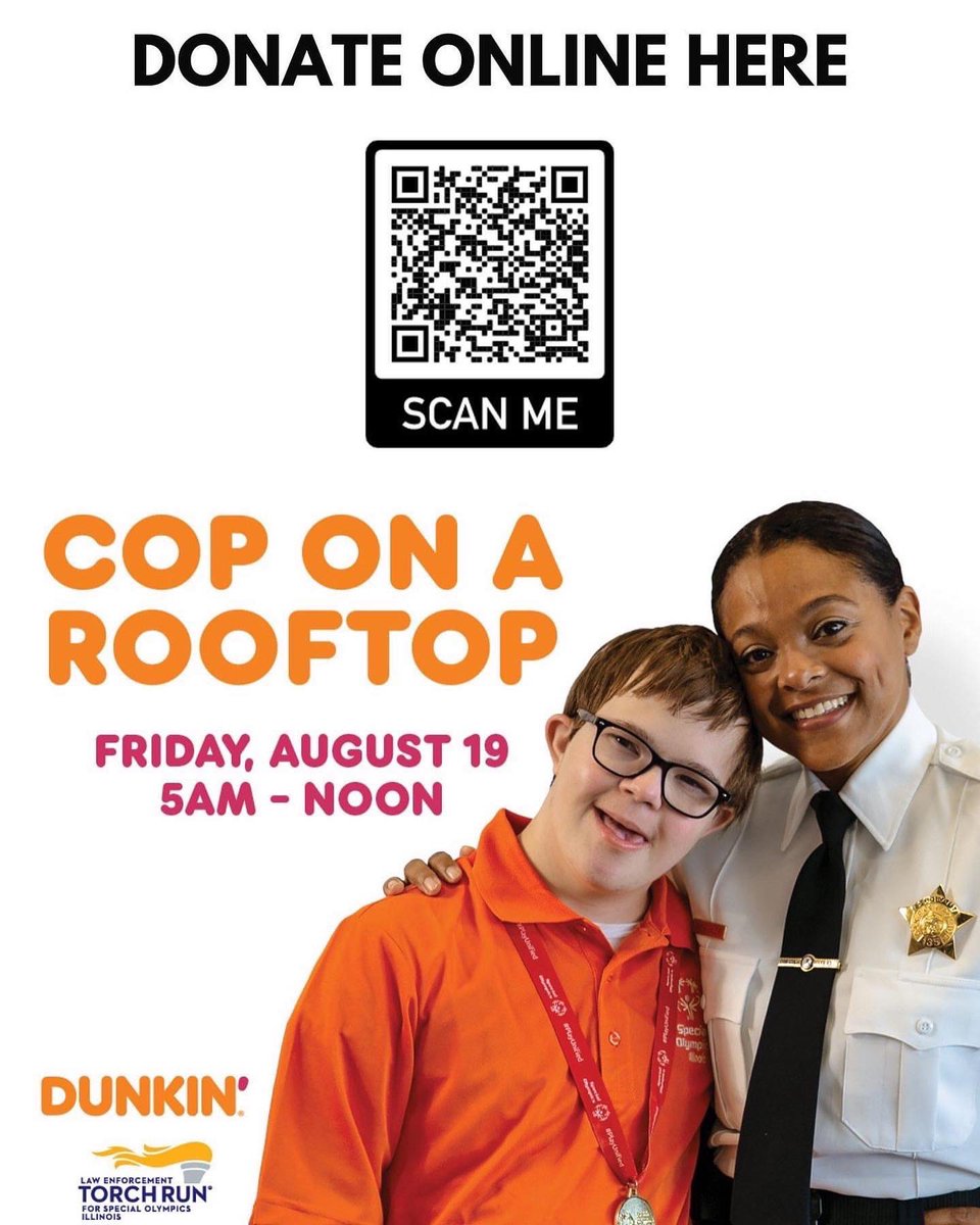 LovesParkPD's tweet photo. Join us tomorrow, 5am to 12pm at Dunkin' 6152 Riverside Blvd for Cop on Top. We will be raising money for Special Olympics of Illinois and there will be gifts for various donation amounts. There are donuts (insert cop/donut joke here). #CopOnARooftop 🍩☕️🧋👮💜👍 https://t.co/4JMlI6b5Xy