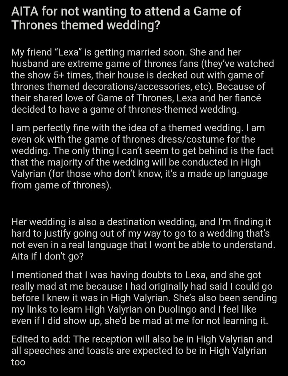 AITA_online's tweet image. AITA for not wanting to attend a Game of Thrones themed wedding?  bit.ly/3K7ymww