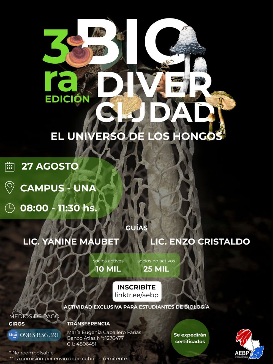 AEBPy's tweet photo. ATENCIÓN ESTUDIANTES DE BIOLOGÍA ‼️🤩

Después de casi 1 año volvemos a traer: 
`BIO 
DIVER
CIUDAD`
3ra EDICIÓN 🔥😎

Una vez más, prepárate para aprender, porque en esta ocasión vamos a explorar:
"EL UNIVERSO DE LOS HONGOS" ✨🍄 https://t.co/zU7TMJKmxM