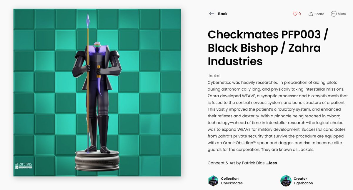 TigerBacon's tweet photo. The black bishop of the Zahra @CheckMatesNFT  Collection has been minted! Take a peek at the bio.
The "Jackal" also comes with a newly created design language for the collection marker at the bottom left. 
Check it out on @GameStopNFT 
https://t.co/2Rv3b4tZ1T https://t.co/ZUNOOmTi1Q
