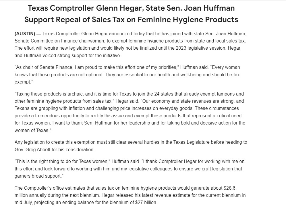 scottbraddock's tweet photo. Significant: Texas Comptroller @Glenn_Hegar and Senate Finance Chair @joanhuffman, both Republicans, announce support for repeal of sales tax on feminine hygiene products in this state https://t.co/ztXYVQnIjE