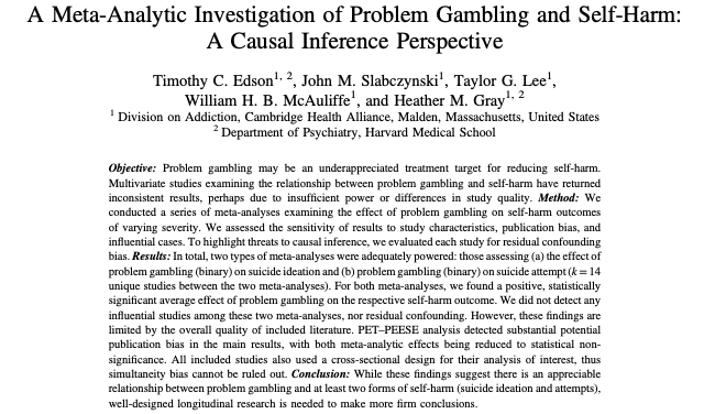 Div_Addiction's tweet photo. 🚨 New publication alert! We conducted a series of meta-analyses examining the effect of problem gambling on self-harm outcomes of varying severity. We evaluated the quality of studies, including potential bias. https://t.co/eyGAgoPry6 https://t.co/rHSm0ONqRI