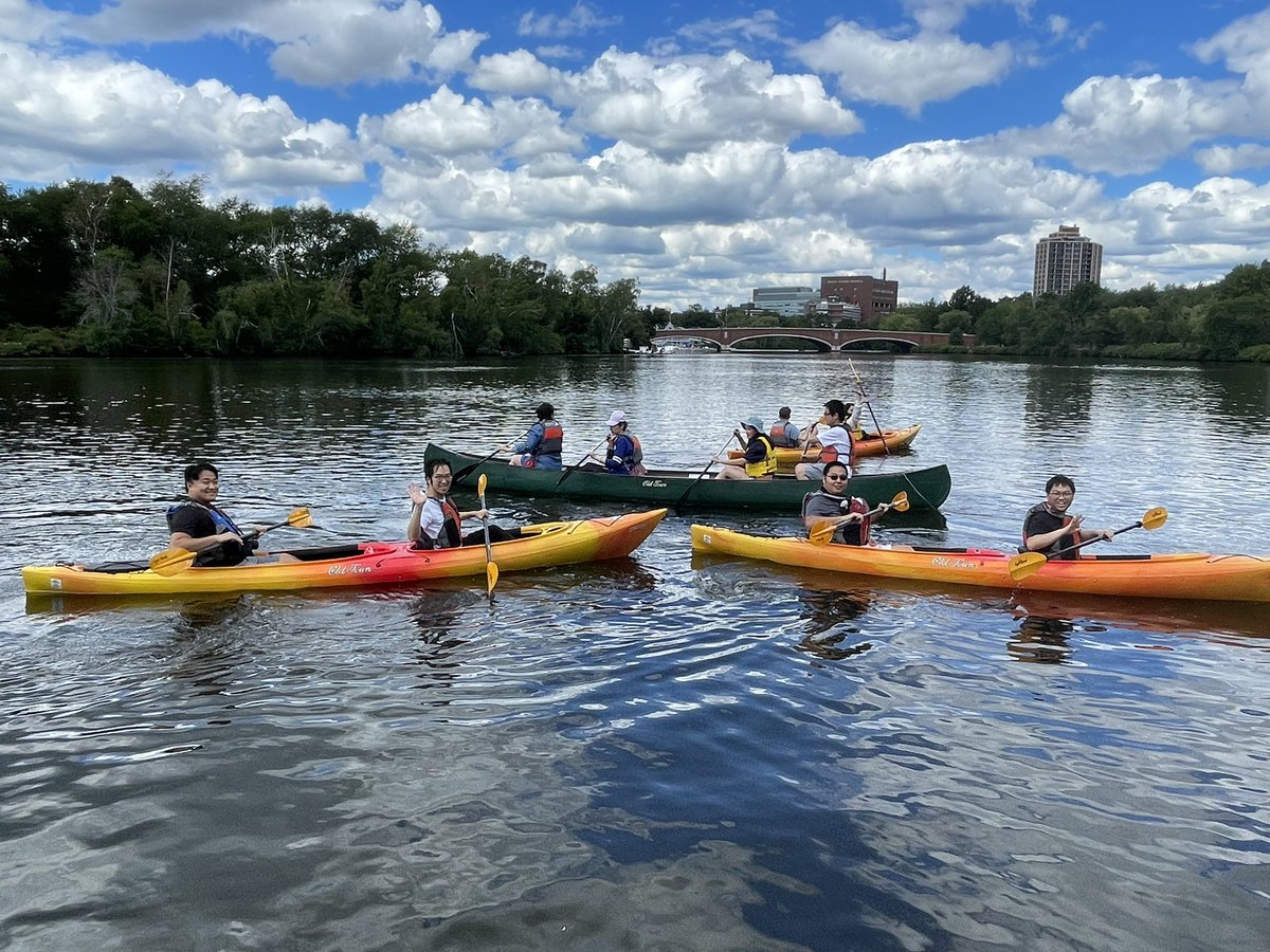 YYanglab's tweet photo. The annual Yang Lab canoeing party at the Charles River is a great way to welcome our new lab members: Drs. Congyu Yu, Xinchen Wu, Guoyan Liang and summer student Chance Bowman https://t.co/c8f9zXpH5T