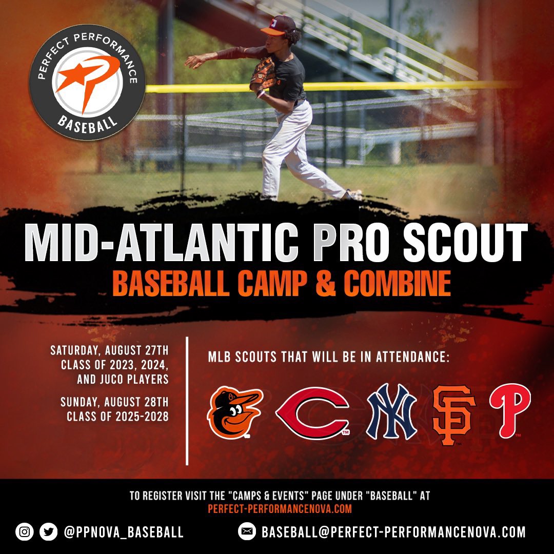 Just over a week away the Mid Atlantic Pro Scout baseball camp and combine at John Champe High School! These events are led by MLB National Cross Checker and Scouts!

perfect-performancenova.com/pp-baseball-ca…