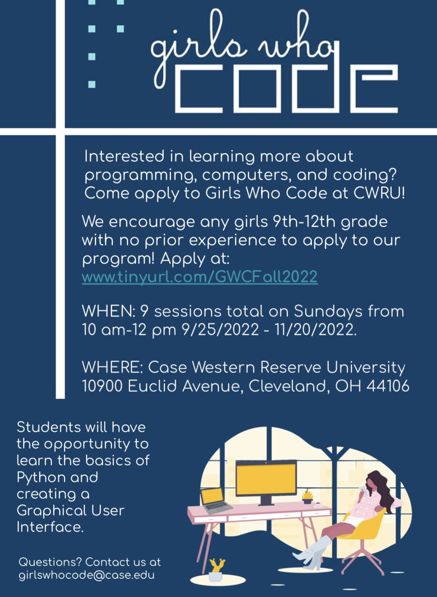 Girls who Code is an exciting opportunity offered by Case Western Reserve. Enter the link below to apply!