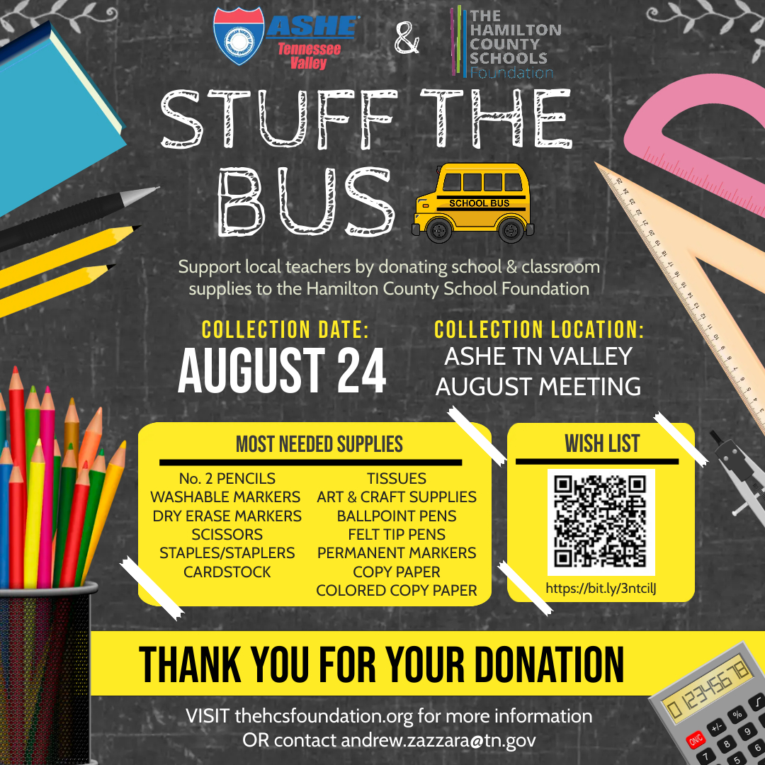 ASHE_TNValley's tweet photo. We would like to announce a change in speaker for our in-person meeting on August 24th. We are happy to welcome Steve Sellers (TDOT) to discuss the Blue Oval Project. Paul Degges will join us on October 12th. Please bring your school supply donations to this Wednesday's meeting! https://t.co/4il7EXgGZG