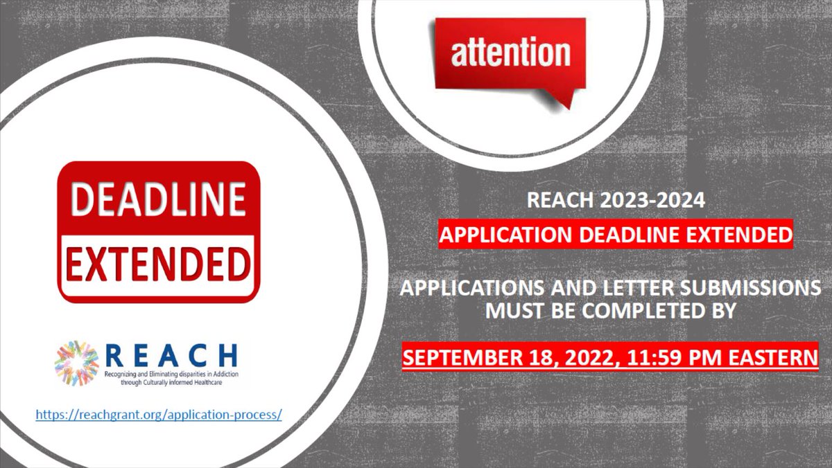 ProgramReach's tweet photo. Calling all interested Addiction Psychiatry and Medicine Fellows, Medical Students, Residents, NP, APRNs, and PAs REACH application deadline is extended to September 18, 2022, 11:59 pm Eastern. Visit https://t.co/fCh6jJfMKB #AddictionMedicine
#AddictionPsych
#AddictionPsychiatry https://t.co/1amlhW666j