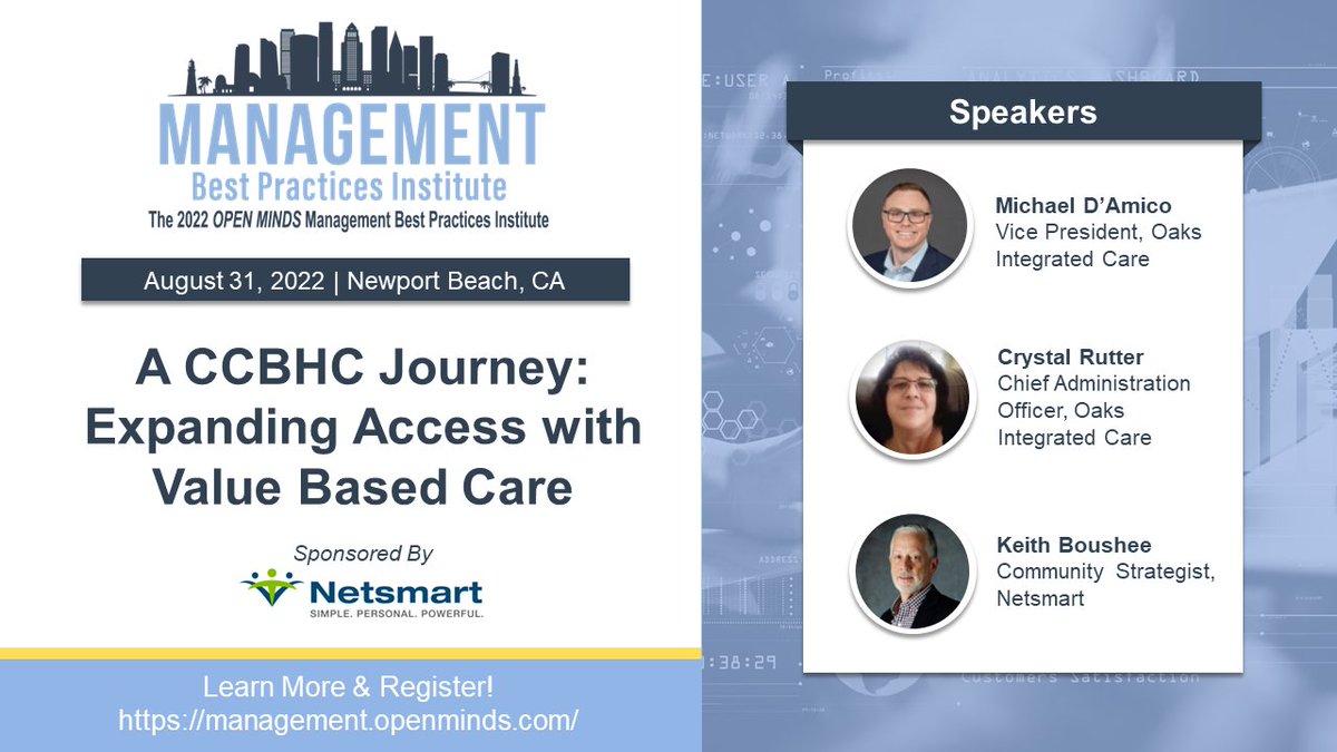 openmindscircle's tweet photo. We're looking forward to hearing from @OaksIntCare during "A CCBHC Journey: Expanding Access with Value Based Care," sponsored by @NetsmartTech, at the #OMBestPractices Institute in California. Virtual registration is still available! https://t.co/G5vviPRiXh https://t.co/jMvjzYPYm2